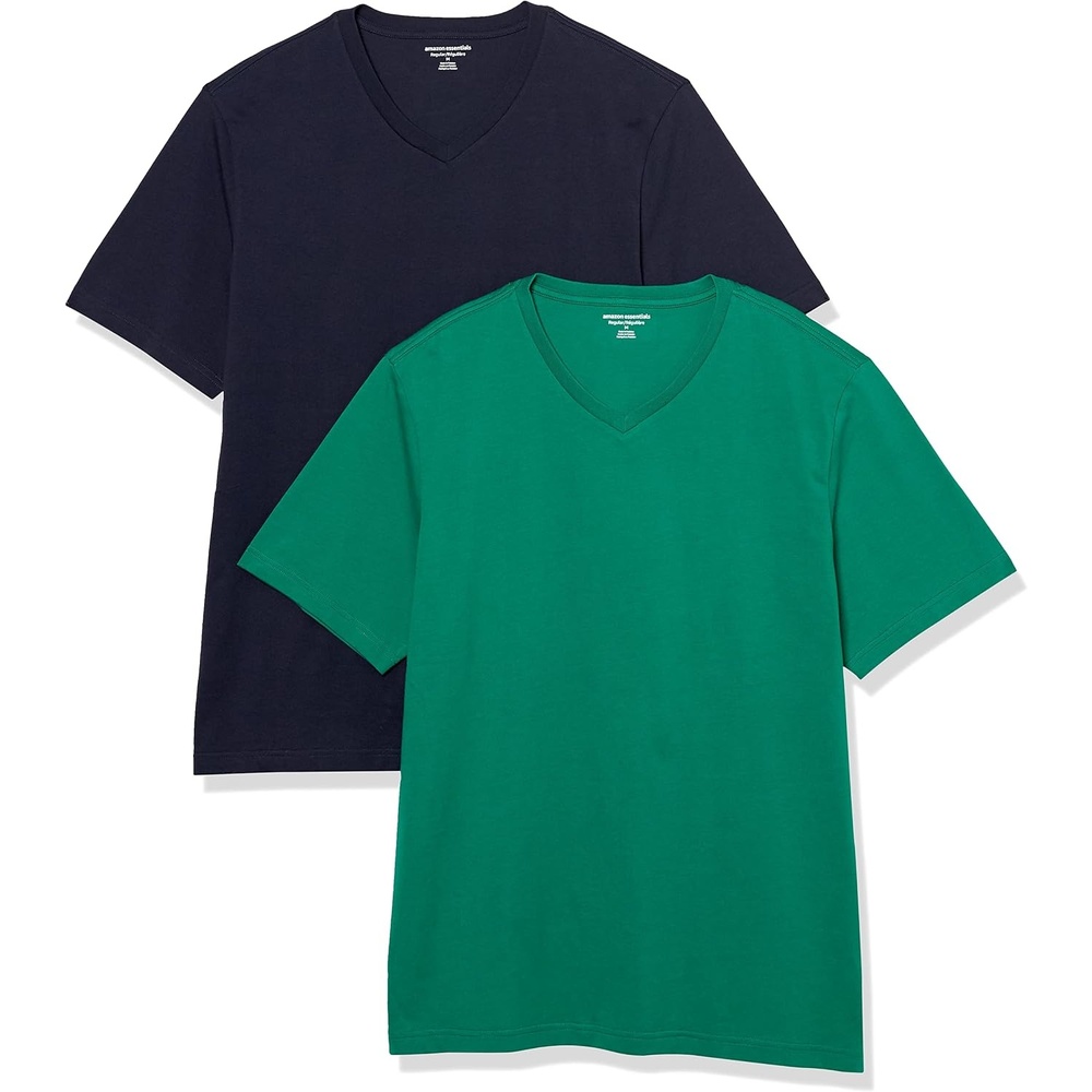 image:imageAmazon Essentials Mens Cotton ShortSleeve VNeck TShirts Pack of 2NavyGreen