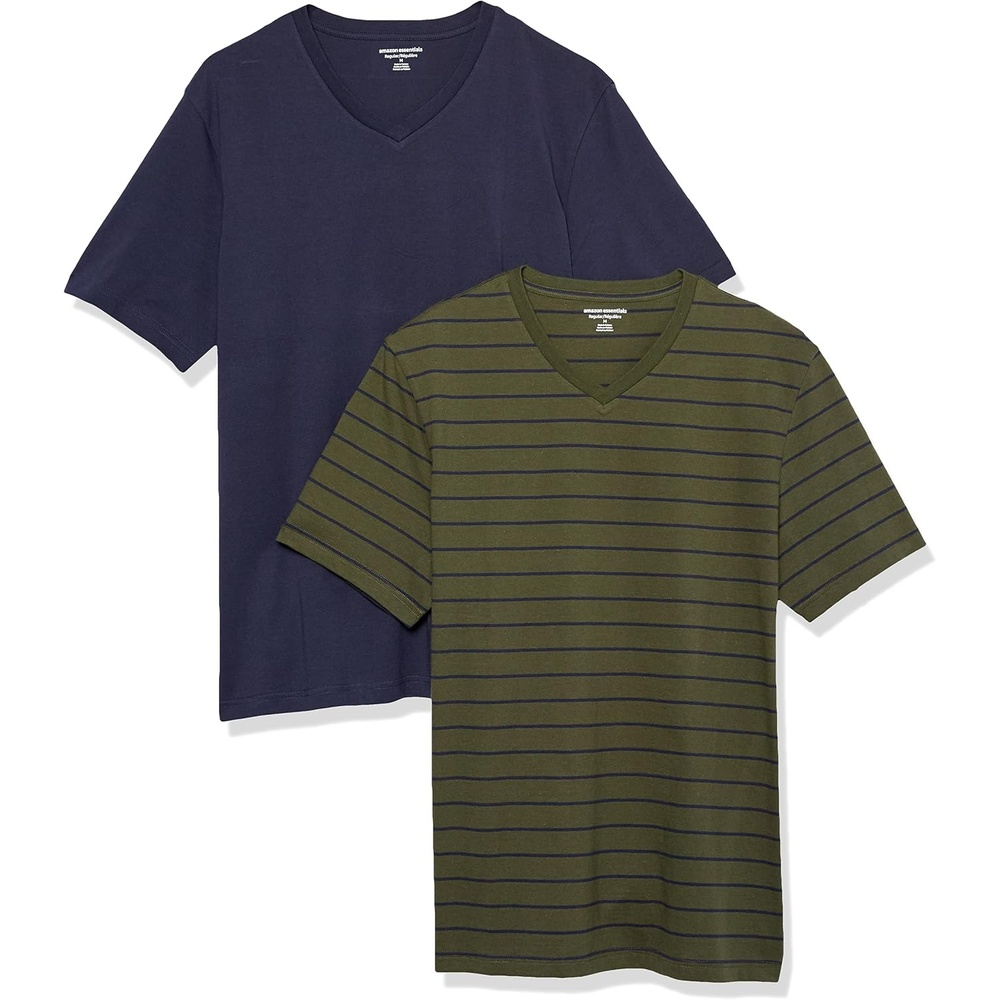 image:imageAmazon Essentials Mens Cotton ShortSleeve VNeck TShirts Pack of 2NavyOlive Stripe