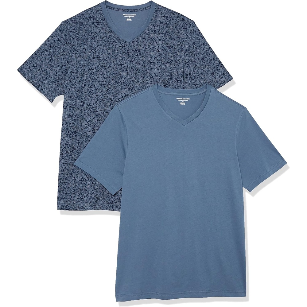 image:imageAmazon Essentials Mens Cotton ShortSleeve VNeck TShirts Pack of 2Washed Blue Tonal Floral Print