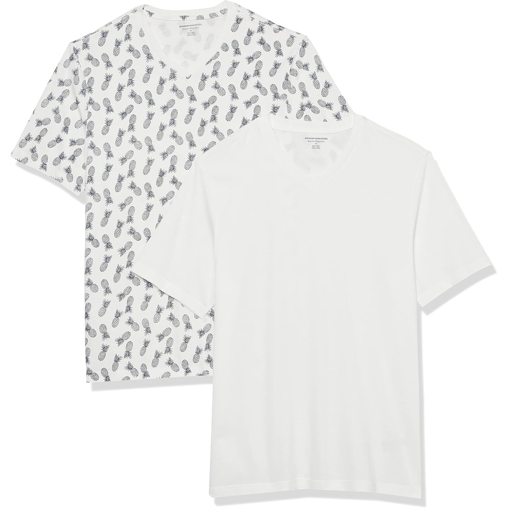 image:imageAmazon Essentials Mens Cotton ShortSleeve VNeck TShirts Pack of 2White Pineapple Print