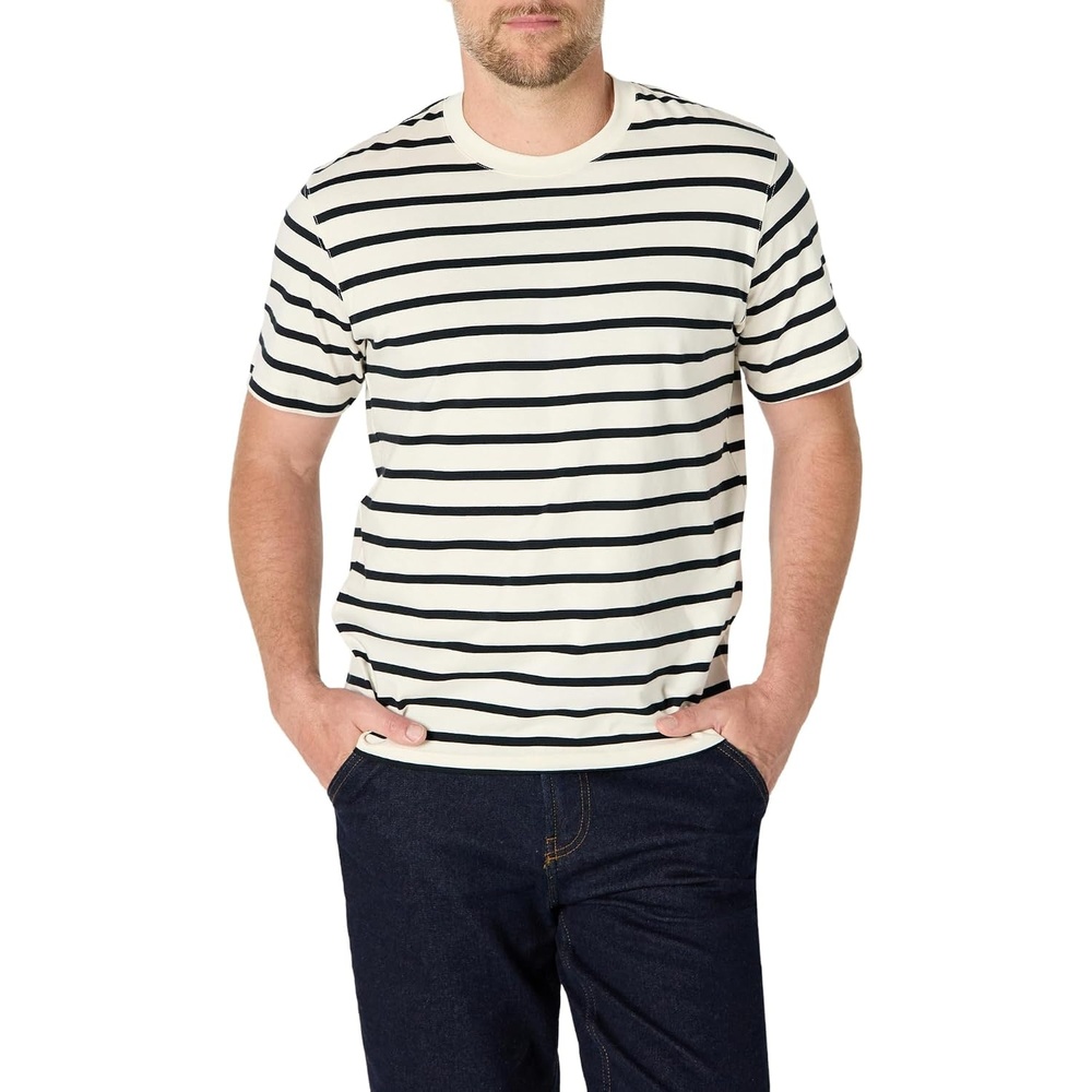 image:imageAmazon Essentials Mens Relaxed Fit Cotton Jersey TShirt Soft FabricEggshell White Black Mariner Stripe