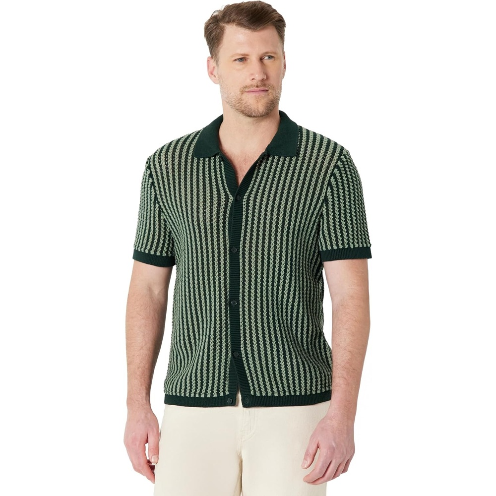 image:imageAmazon Essentials Mens Short Sleeve ButtonDown Resort Knit ShirtDark Green Stripe Knit