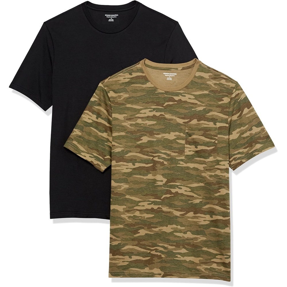 image:imageAmazon Essentials Mens ShortSleeve Crewneck Pocket TShirtsBlack Camo Print