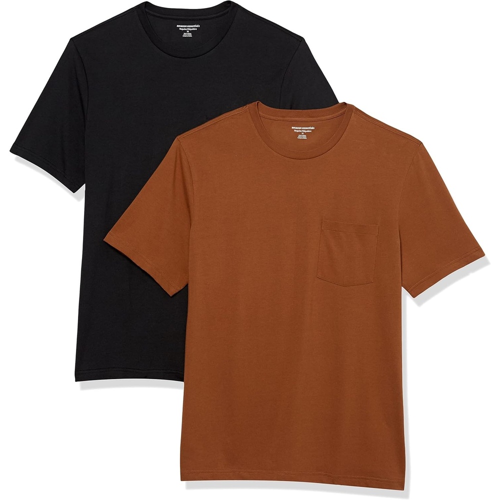 image:imageAmazon Essentials Mens ShortSleeve Crewneck Pocket TShirtsBlackBrown