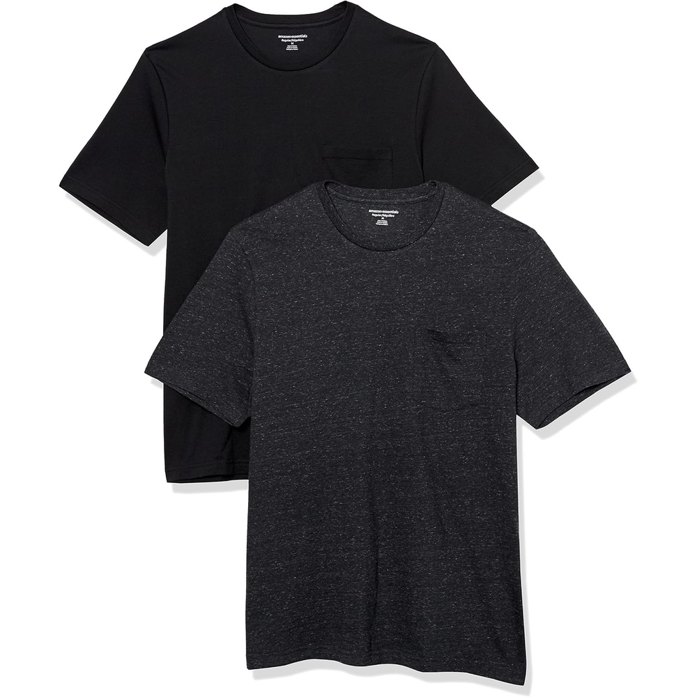 image:imageAmazon Essentials Mens ShortSleeve Crewneck Pocket TShirtsBlackCharcoal Heather