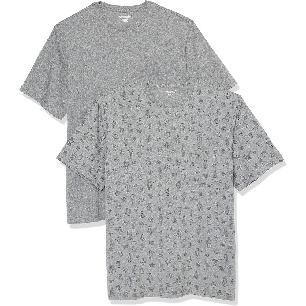 image:imageAmazon Essentials Mens ShortSleeve Crewneck Pocket TShirtsHeather Grey Cactus Print