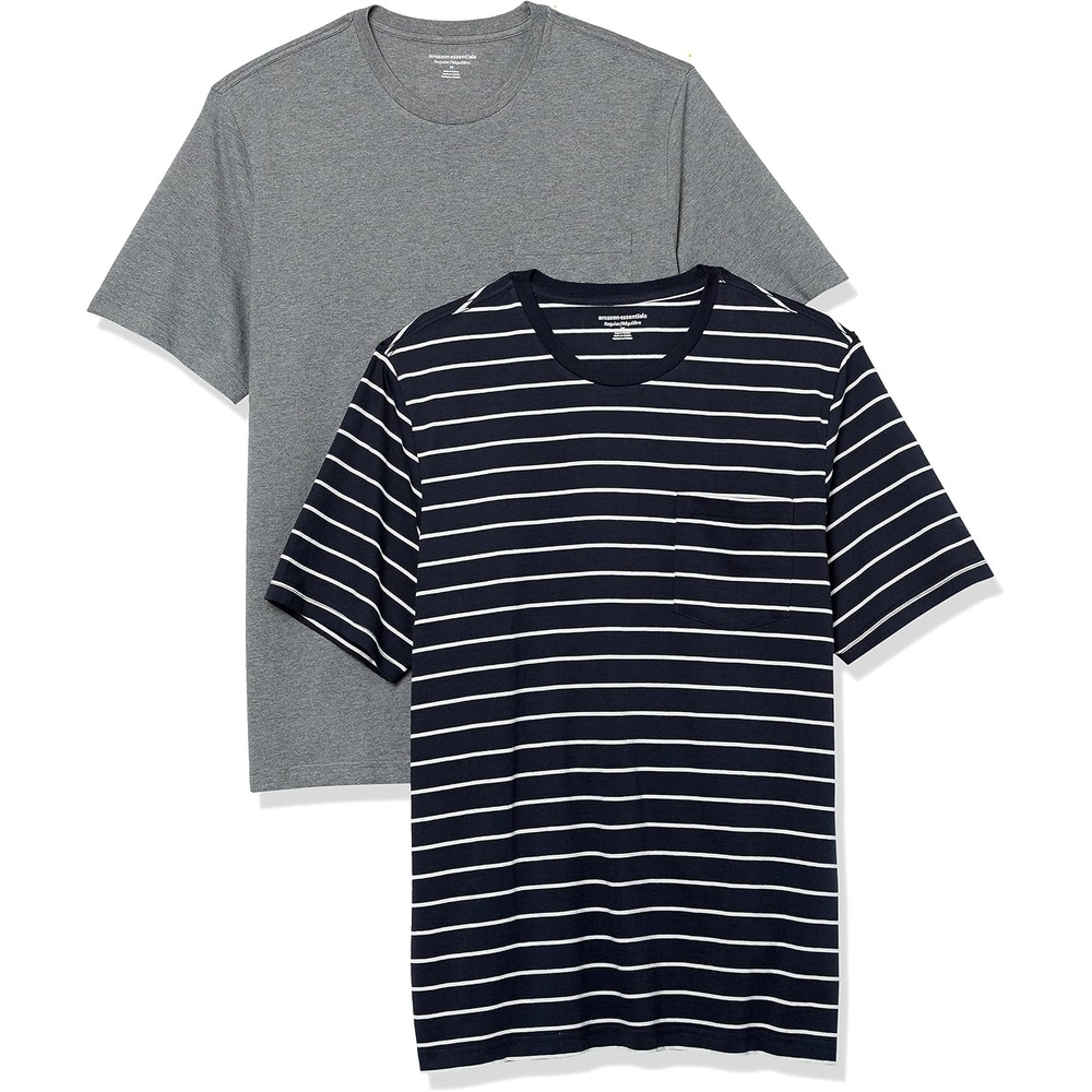 image:imageAmazon Essentials Mens ShortSleeve Crewneck Pocket TShirtsHeather GreyNavy Stripe