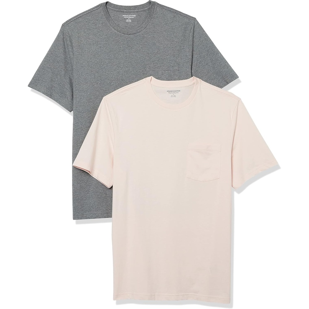 image:imageAmazon Essentials Mens ShortSleeve Crewneck Pocket TShirtsHeather GreyPale Pink