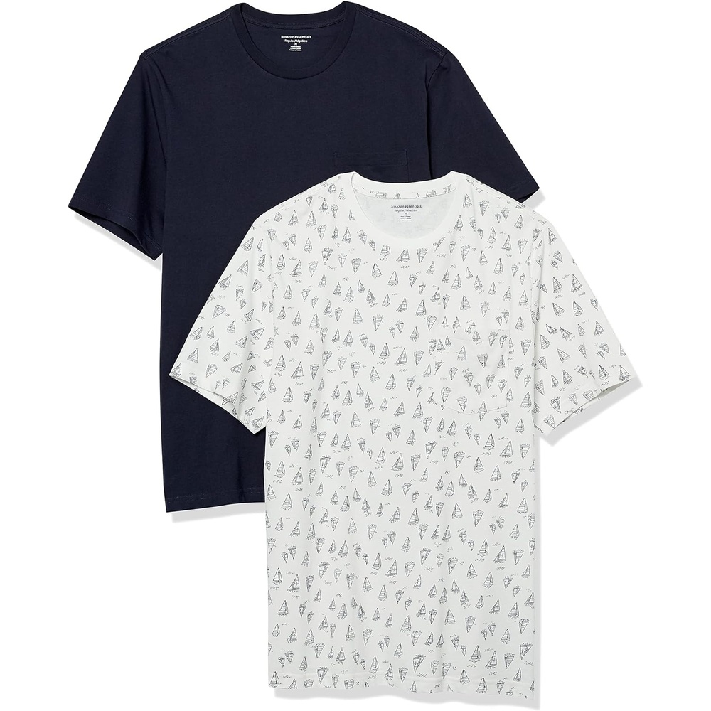 image:imageAmazon Essentials Mens ShortSleeve Crewneck Pocket TShirtsNavy Boat Print