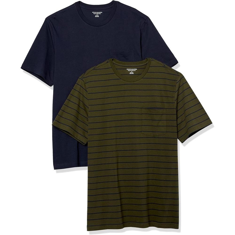 image:imageAmazon Essentials Mens ShortSleeve Crewneck Pocket TShirtsNavyOlive Stripe