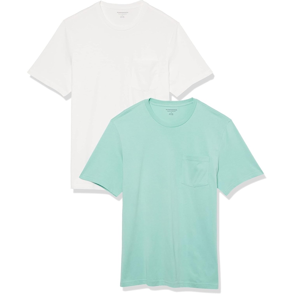 image:imageAmazon Essentials Mens ShortSleeve Crewneck Pocket TShirtsWhiteAqua