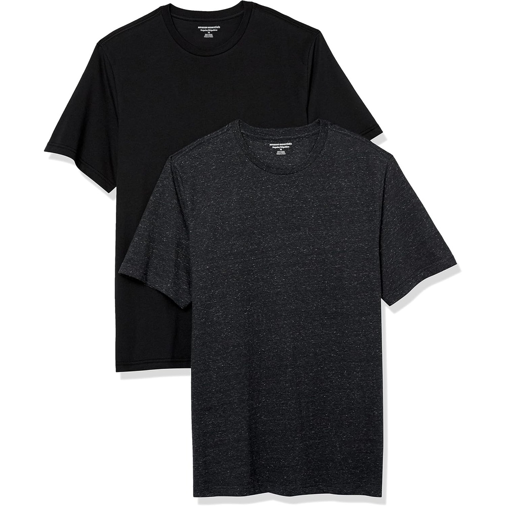image:imageAmazon Essentials Mens SlimFit Crewneck Short Sleeve Cotton TShirtsBlackCharcoal Heather