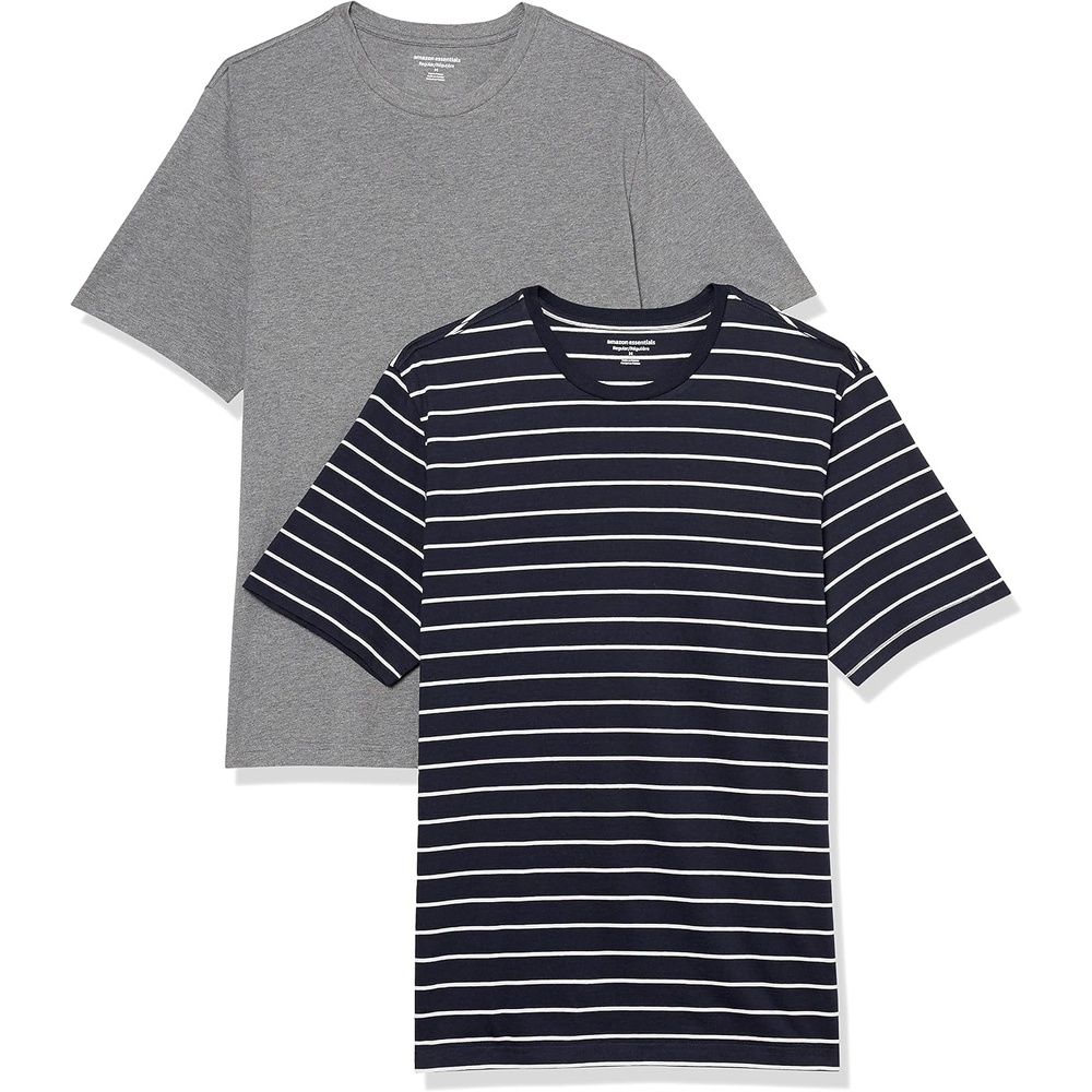 image:imageAmazon Essentials Mens SlimFit Crewneck Short Sleeve Cotton TShirtsHeather GreyNavy Stripe