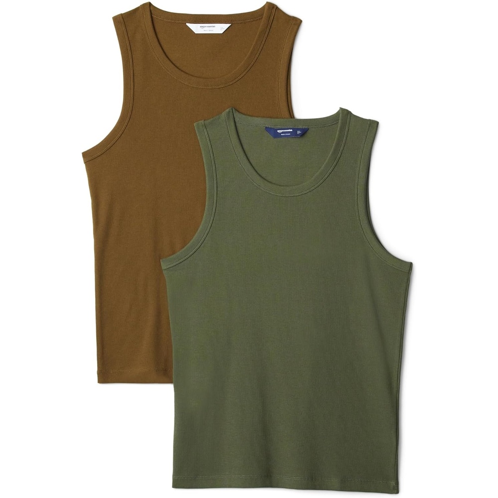 image:imageAmazon Essentials Mens SlimFit Ribbed Tank Top Pack of 2Dark OliveDeep Brown