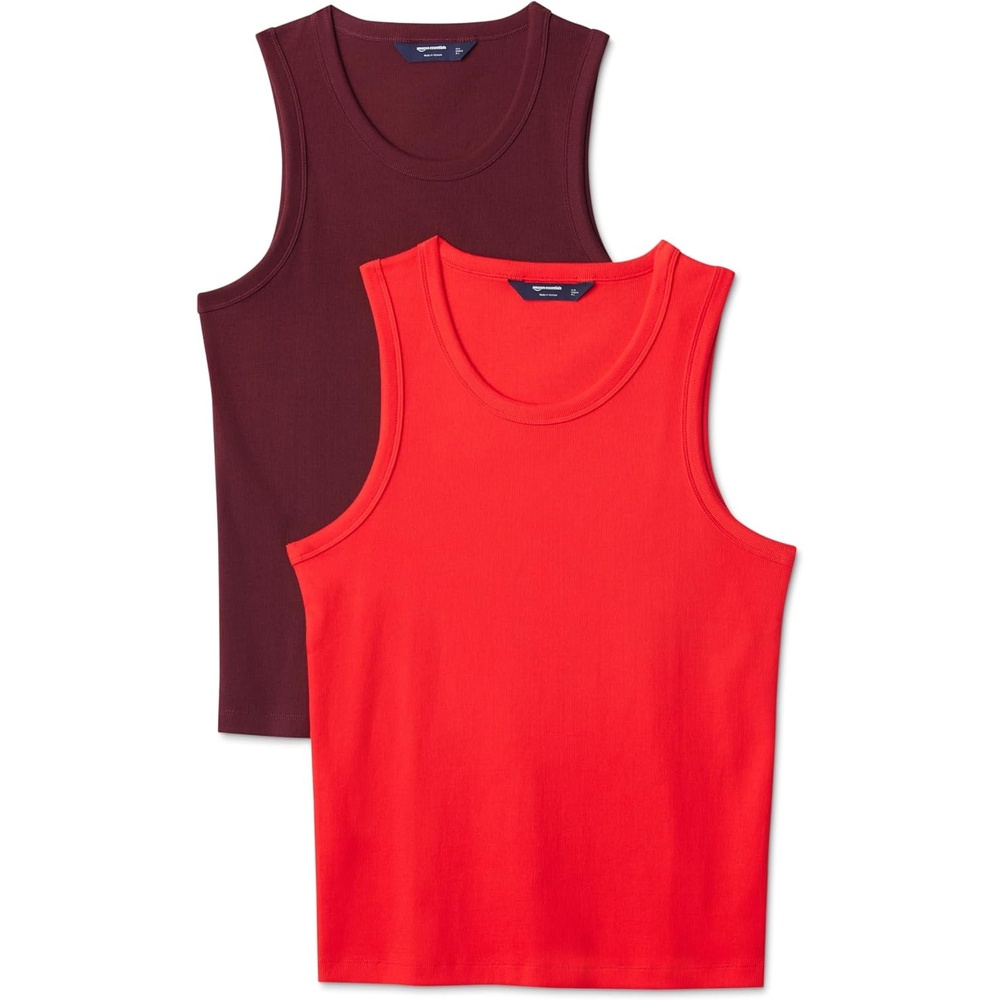 image:imageAmazon Essentials Mens SlimFit Ribbed Tank Top Pack of 2RedDark Burgundy