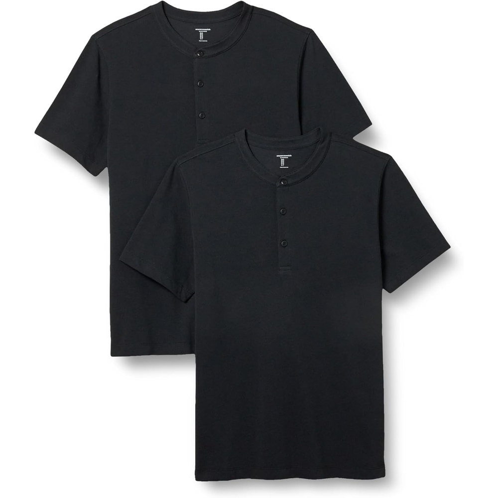image:imageAmazon Essentials Mens SlimFit ShortSleeve Pique Henley Shirt Pack of 2Black