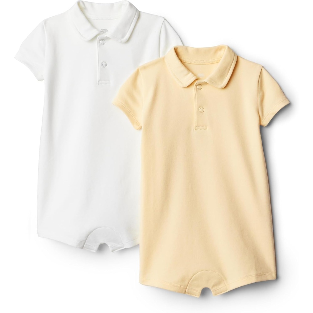 image:imageAmazon Essentials x Sofia Grainge Baby Boys Short Sleeve Cotton Romper with Snap Closure BreathableLight TanWhite