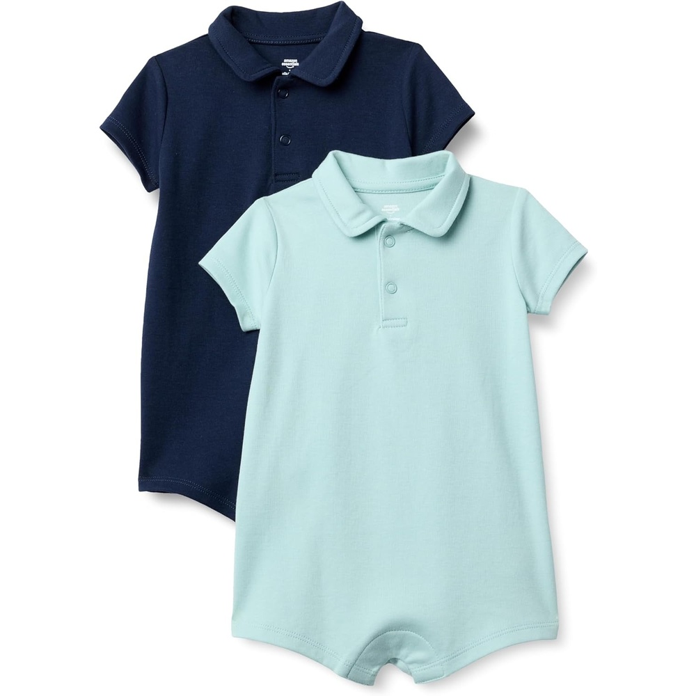 image:imageAmazon Essentials x Sofia Grainge Baby Boys Short Sleeve Cotton Romper with Snap Closure BreathableNavyPale Mint Green
