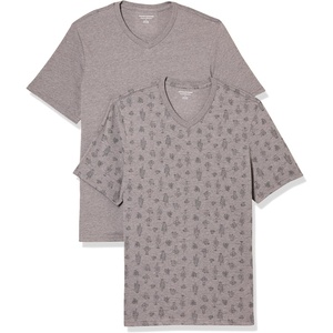 Amazon Essentials Men’s Cotton Short-Sleeve V-Neck T-Shirts, Pack of 2(Heather Grey  Cactus Print)