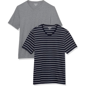 Amazon Essentials Men’s Cotton Short-Sleeve V-Neck T-Shirts, Pack of 2(Heather Grey/Navy  Stripe)