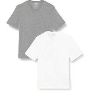 Amazon Essentials Men’s Cotton Short-Sleeve V-Neck T-Shirts, Pack of 2(Heather Grey/White)