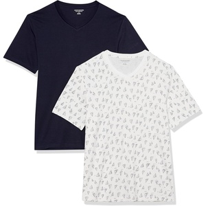 Amazon Essentials Men’s Cotton Short-Sleeve V-Neck T-Shirts, Pack of 2(Navy  Boat Print)