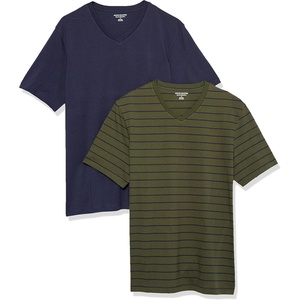 Amazon Essentials Men’s Cotton Short-Sleeve V-Neck T-Shirts, Pack of 2(Navy/Olive  Stripe)