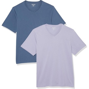 Amazon Essentials Men’s Cotton Short-Sleeve V-Neck T-Shirts, Pack of 2(Washed Blue/Lavender)