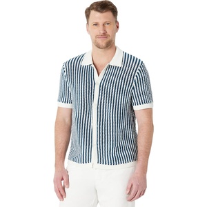Amazon Essentials Men’s Short Sleeve Button-Down Resort Knit Shirt(Dark Blue Stripe Knit)