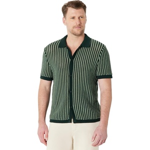 Amazon Essentials Men’s Short Sleeve Button-Down Resort Knit Shirt(Dark Green Stripe Knit)