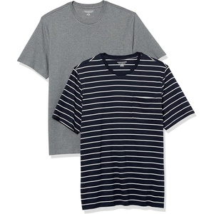 Amazon Essentials Men’s Short-Sleeve Crewneck Pocket T-Shirts(Heather Grey/Navy  Stripe)