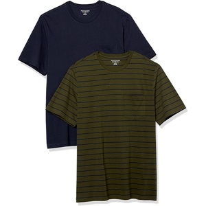 Amazon Essentials Men’s Short-Sleeve Crewneck Pocket T-Shirts(Navy/Olive  Stripe)