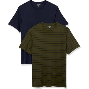 Amazon Essentials Men’s Slim-Fit Crewneck Short Sleeve Cotton T-Shirts(Navy/Olive  Stripe)