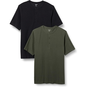 Amazon Essentials Short Sleeve Henley Shirt for Men – Regular-Fit Pique (Available in Big & Tall), Pack of 2(Black/Olive)