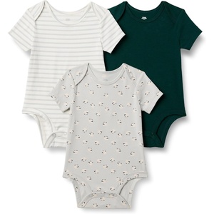 Amazon Essentials x Sofia Grainge Unisex Babies’ Short Sleeve Crewneck Bodysuit(Dark Green/Sheep/Stripe)