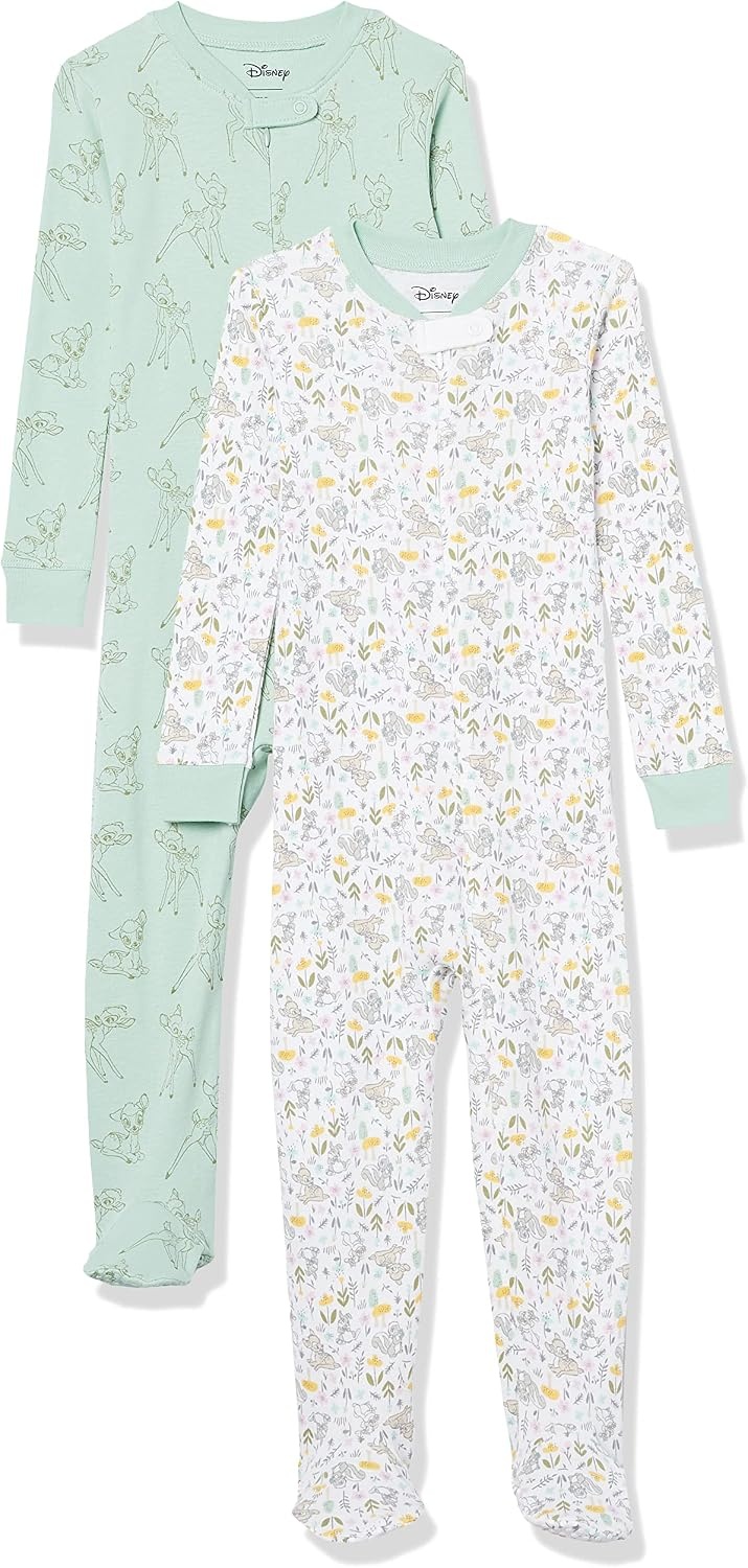 image:imageAmazon Essentials Disney Marvel Star Wars Unisex Babies SnugFit Cotton Footed Sleepers MultipacksBambi Nature Print