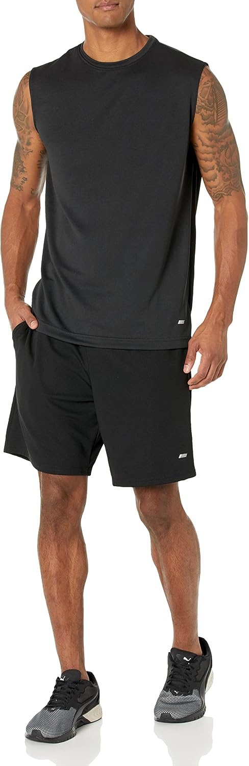image:imageAmazon Essentials Mens Active Performance Tech Muscle Sleeveless Top Breathable Moisture Wicking Workout ShirtBlackGrey