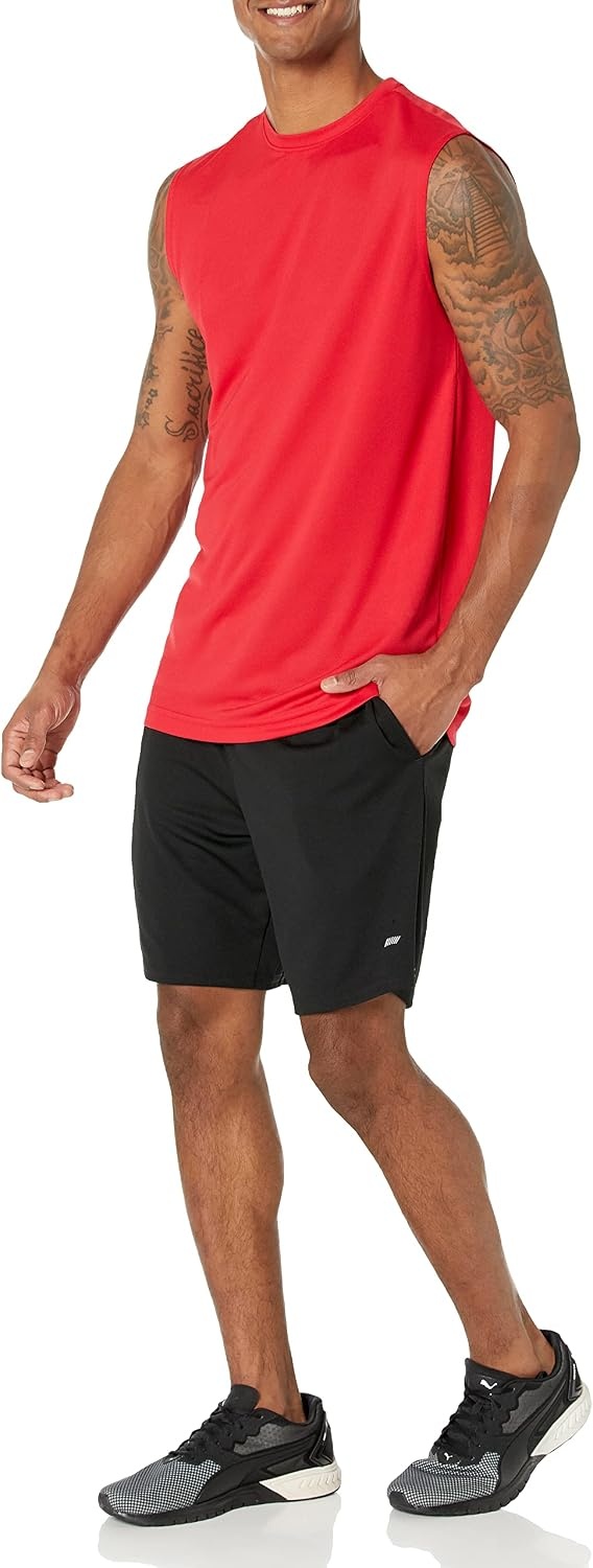 image:imageAmazon Essentials Mens Active Performance Tech Muscle Sleeveless Top Breathable Moisture Wicking Workout ShirtBlackRed