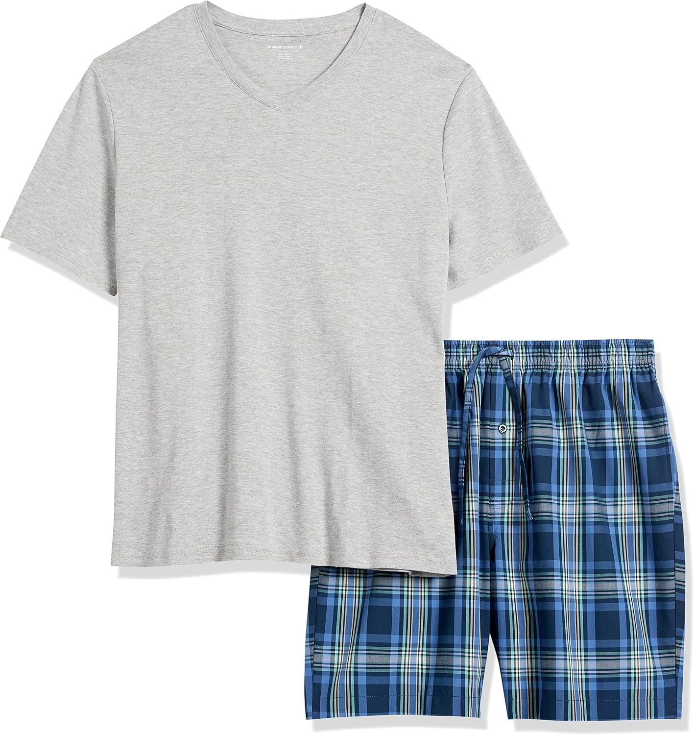 image:imageAmazon Essentials Mens Cotton Poplin Pajama Short with TShirt Set Breathable Loungewear Summer SleepwearGrey HeatherNavy Plaid