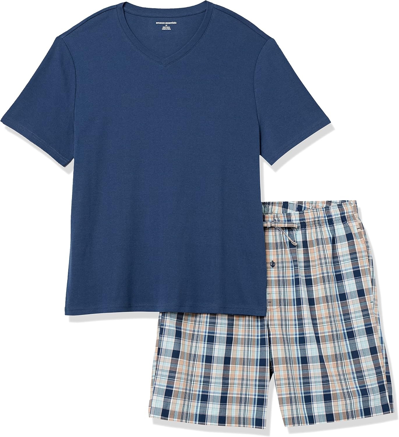 image:imageAmazon Essentials Mens Cotton Poplin Pajama Short with TShirt Set Breathable Loungewear Summer SleepwearIndigoNavy Plaid