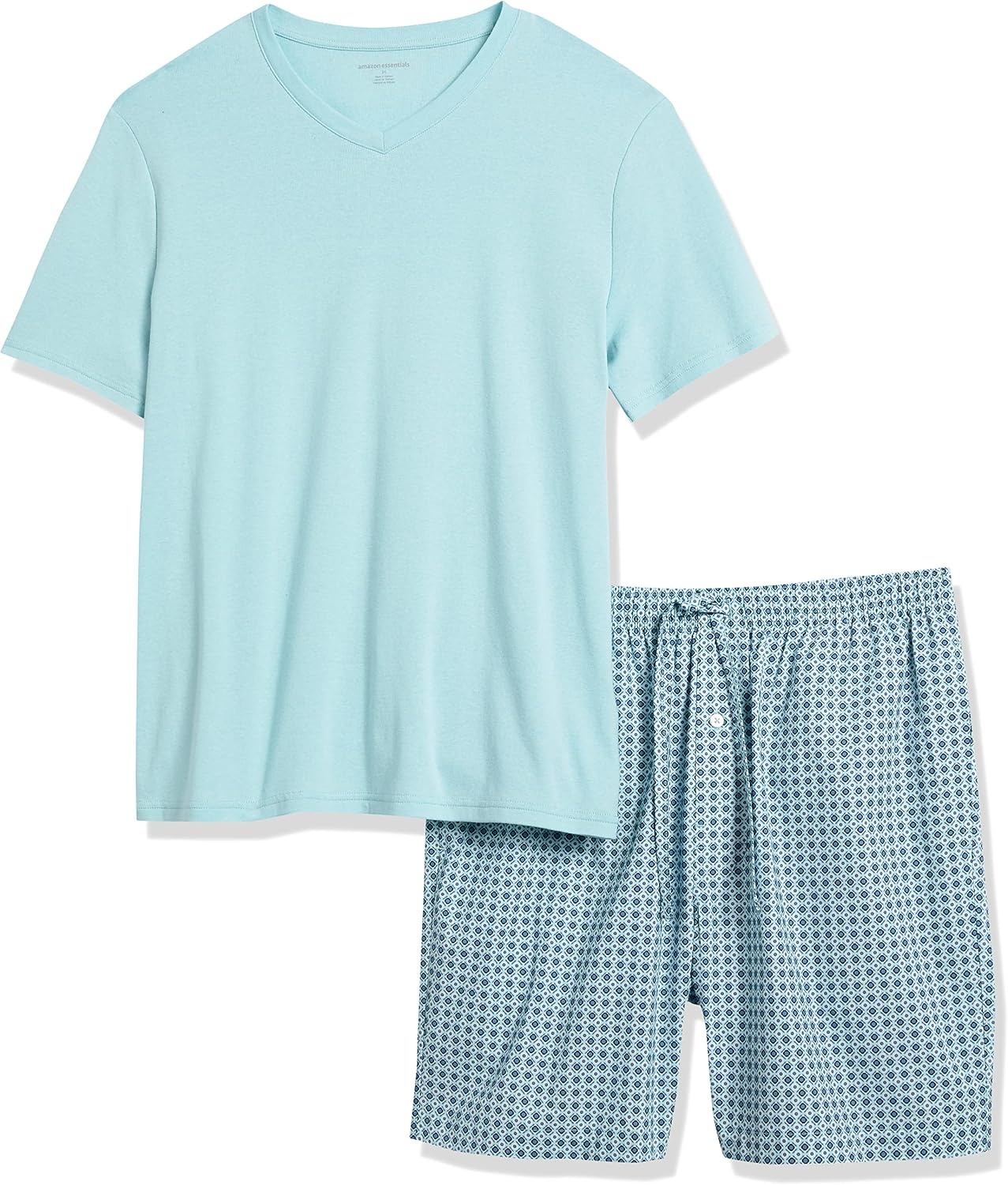 image:imageAmazon Essentials Mens Cotton Poplin Pajama Short with TShirt Set Breathable Loungewear Summer SleepwearLight Blue Geo Print