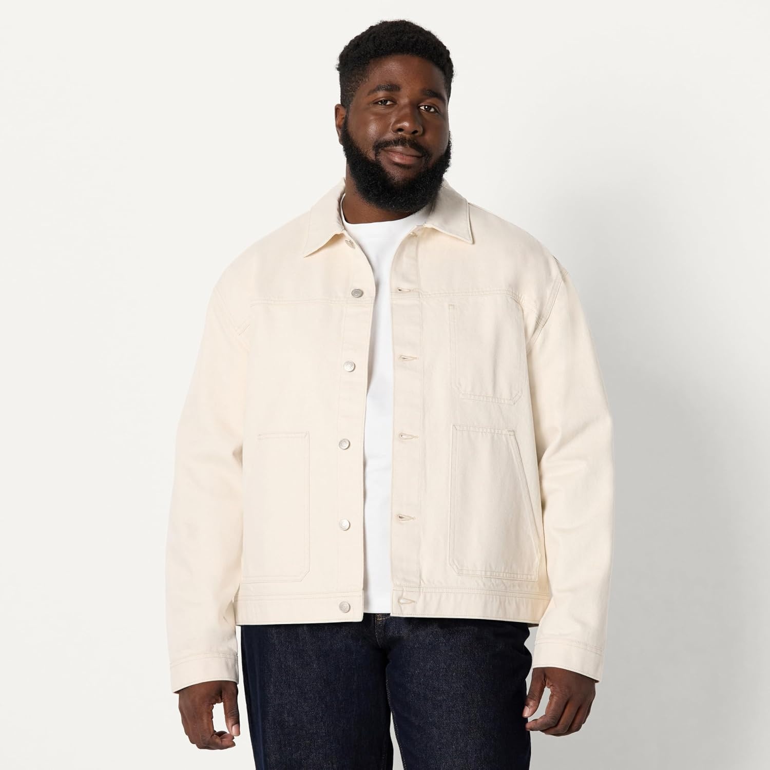 image:imageAmazon Essentials Mens Heavyweight Rigid Denim RelaxedFit Utility Jacket with Pockets Shank Button ClosureEcru