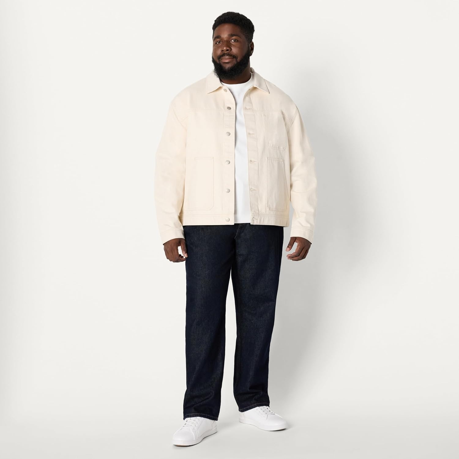 image:imageAmazon Essentials Mens Heavyweight Rigid Denim RelaxedFit Utility Jacket with Pockets Shank Button ClosureEcru