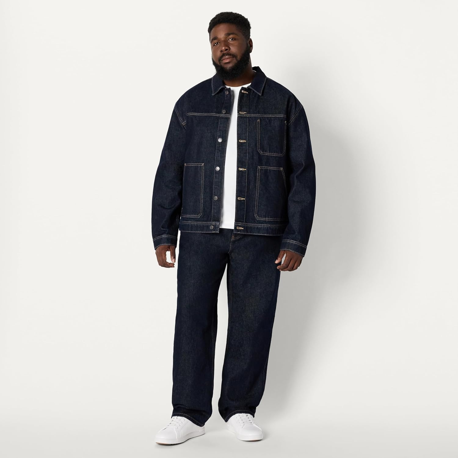 image:imageAmazon Essentials Mens Heavyweight Rigid Denim RelaxedFit Utility Jacket with Pockets Shank Button ClosureRinse