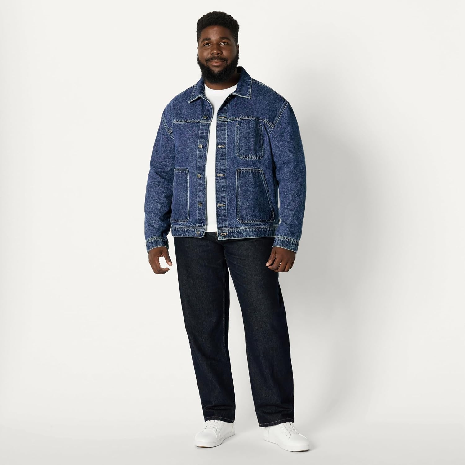 image:imageAmazon Essentials Mens Heavyweight Rigid Denim RelaxedFit Utility Jacket with Pockets Shank Button ClosureTinted Medium Blue
