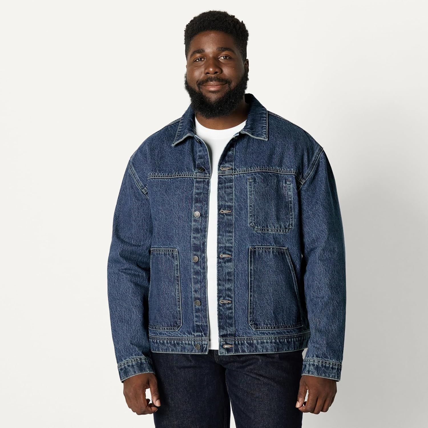 image:imageAmazon Essentials Mens Heavyweight Rigid Denim RelaxedFit Utility Jacket with Pockets Shank Button ClosureTinted Medium Blue