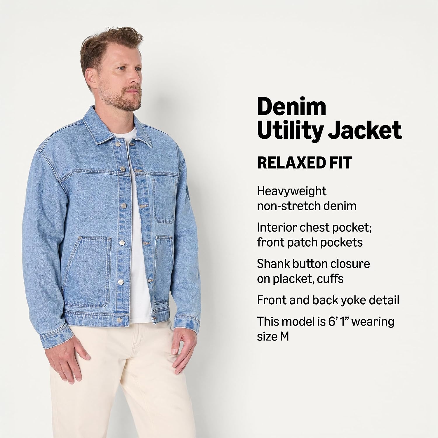 image:imageAmazon Essentials Mens Heavyweight Rigid Denim RelaxedFit Utility Jacket with Pockets Shank Button ClosureVintage Blue