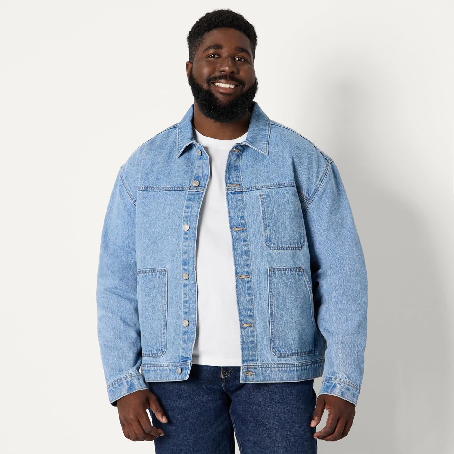 image:imageAmazon Essentials Mens Heavyweight Rigid Denim RelaxedFit Utility Jacket with Pockets Shank Button ClosureVintage Blue