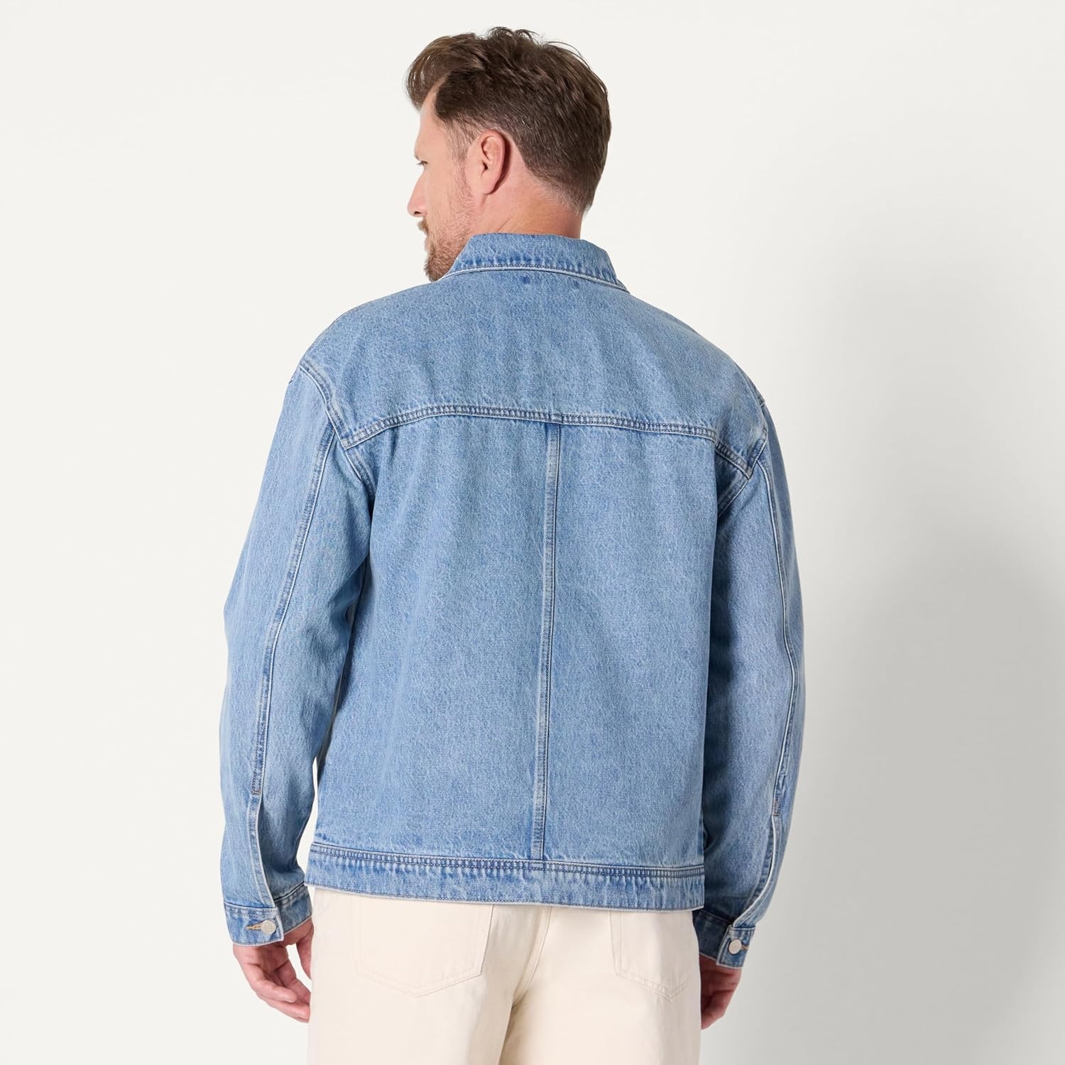 image:imageAmazon Essentials Mens Heavyweight Rigid Denim RelaxedFit Utility Jacket with Pockets Shank Button ClosureVintage Blue