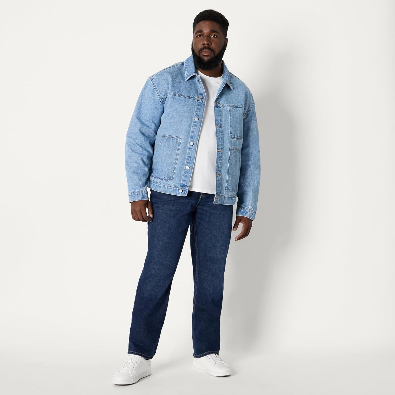 image:imageAmazon Essentials Mens Heavyweight Rigid Denim RelaxedFit Utility Jacket with Pockets Shank Button ClosureVintage Blue